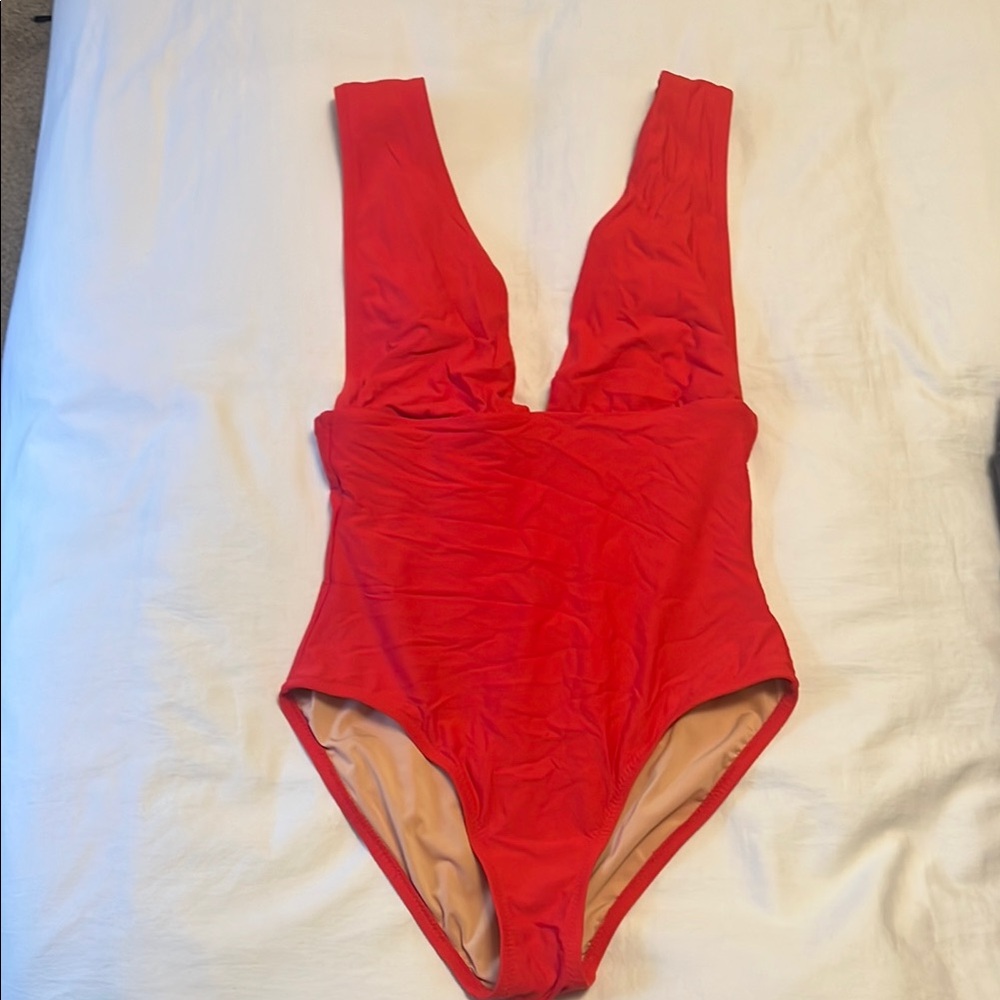 J. Crew Red swimsuit with Plunging V-Neckline and High Cut